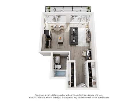 A 3D floor plan of a small apartment with a kitchen, living room, and bathroom.